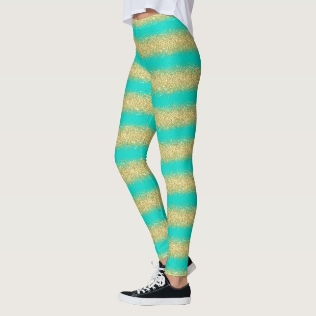 Luxury Popular Gift Turquoise Gold Glitter Leggings (Left)