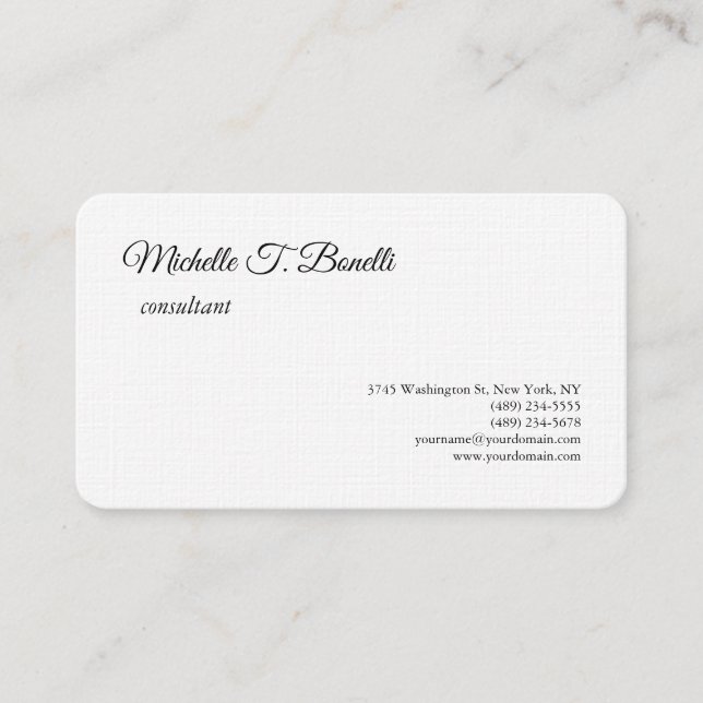 Luxury Premium Linen Black White Script Minimalist Business Card (Front)
