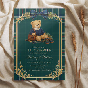 Luxury Preppy Teddy Bear Plaid Baby Shower  Invitation