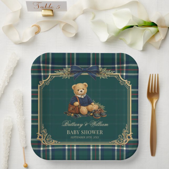Luxury Preppy Teddy Bear Plaid Baby Shower  Paper Plate (Wedding)