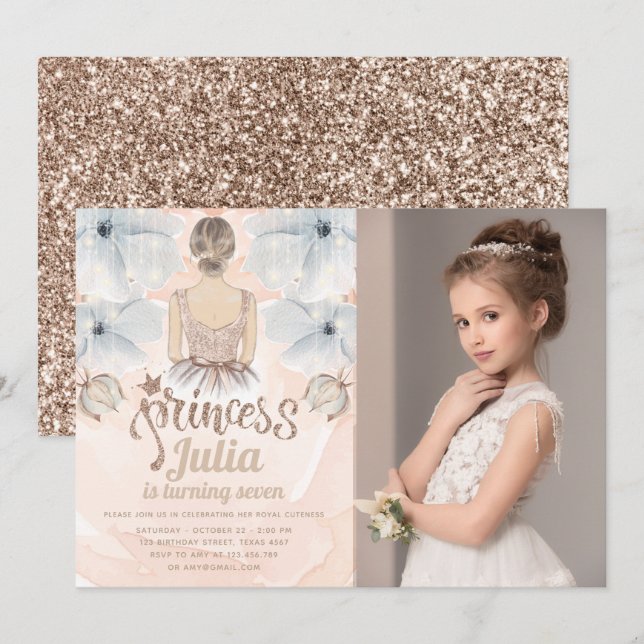 Luxury Princess Birthday Party Photo glitter Invitation (Front/Back)