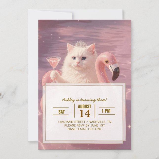 Luxury Princess Cat on Pink Flamingo Pool Float    Invitation (Front)