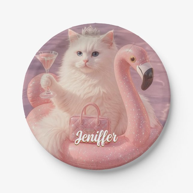 Luxury Princess Cat on Pink Flamingo Pool Float    Paper Plate (Front)