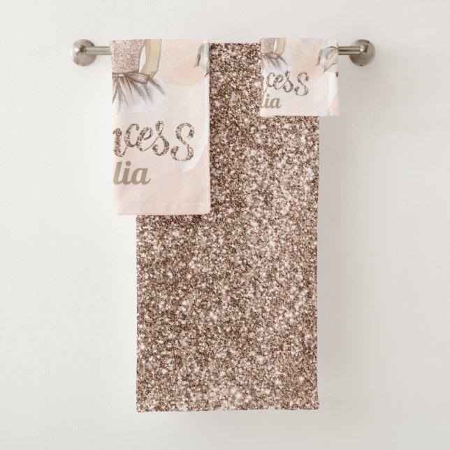 Luxury Princess Personalised Beige glitter Bath Towel Set (Insitu)