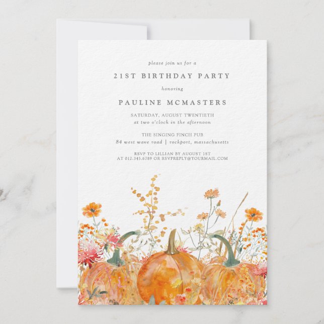 Luxury Pumpkin Wildflower Fall 21st Birthday Invitation (Front)