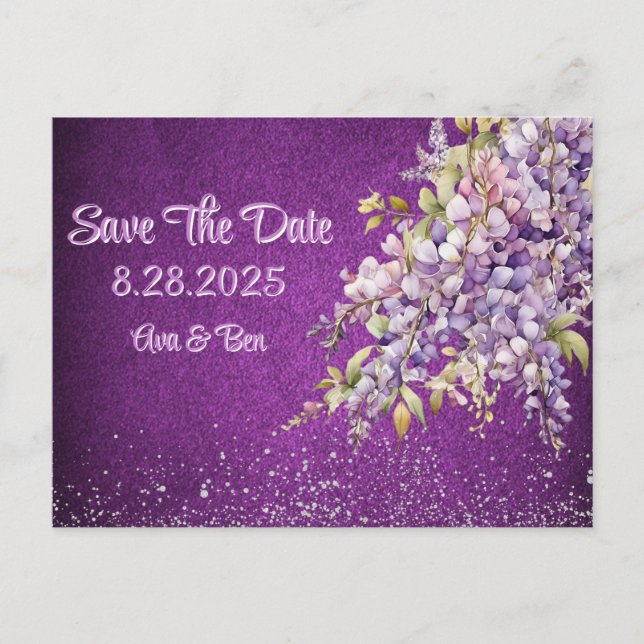 Luxury Purple and Lavender Wisteria Save The Date  Announcement Postcard (Front)