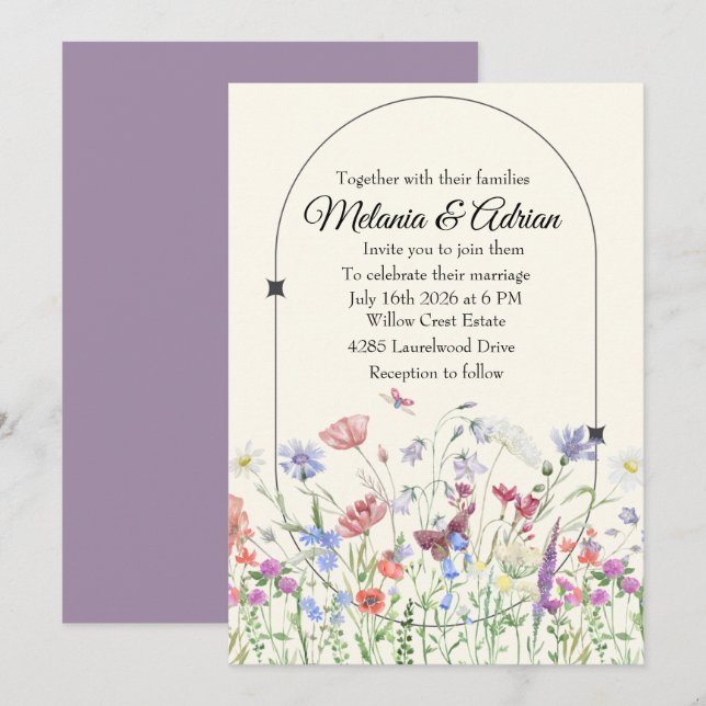 Luxury Purple beige Wedding Wildflower  Invitation (Front/Back)