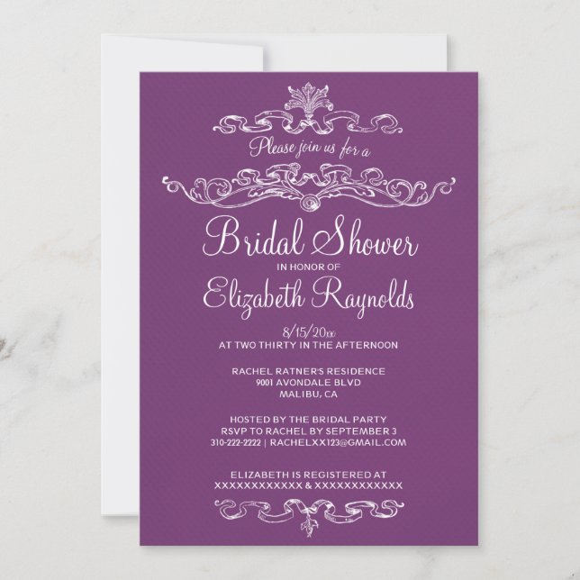 Luxury Purple Bridal Shower Invitations (Front)
