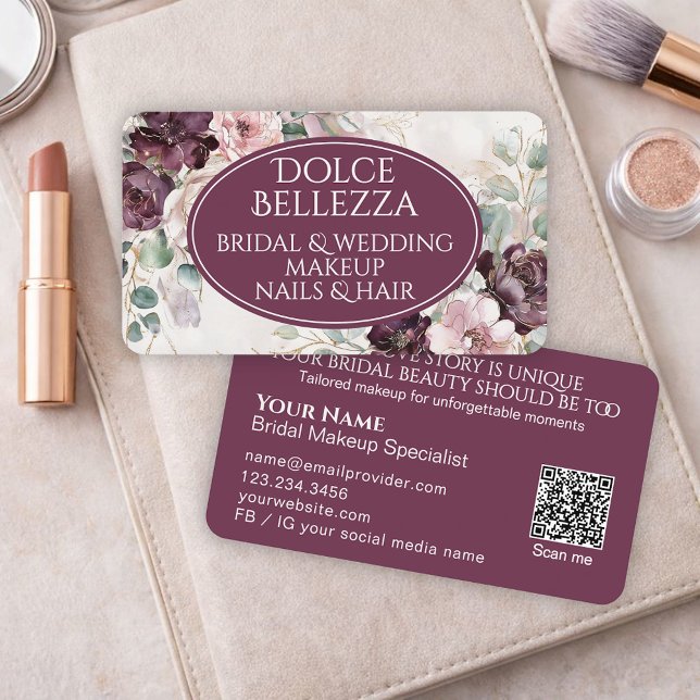 Luxury Purple Burgundy Floral Bridal Makeup Artist Business Card (Creator Uploaded)