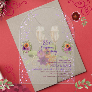 Luxury Purple Floral Acrylic 25th Anniversary Invitations