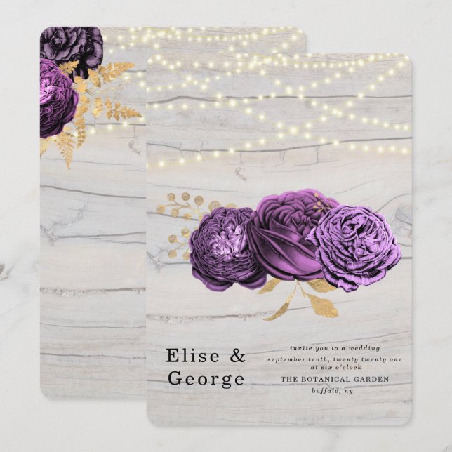 Luxury Purple Floral Wood String Lights Wedding Invitation (Front/Back)