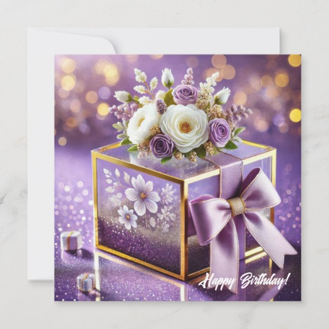 Luxury purple glass floral gift gold chiffon bow holiday card (Front)