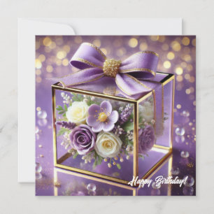 Luxury purple glass floral gift gold chiffon bow holiday card