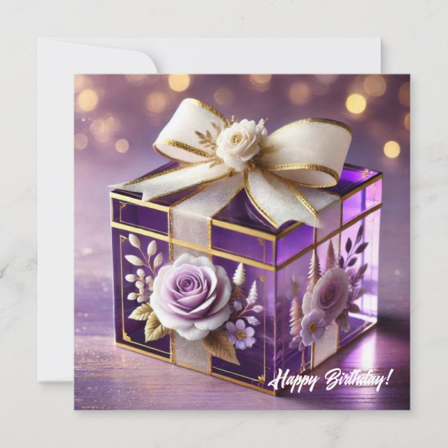 Luxury purple glass floral gift gold chiffon bow holiday card (Front)