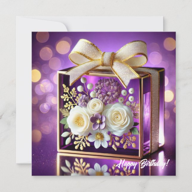 Luxury purple glass floral gift gold chiffon bow holiday card (Front)