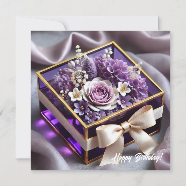 Luxury purple glass floral gift gold chiffon bow holiday card (Front)