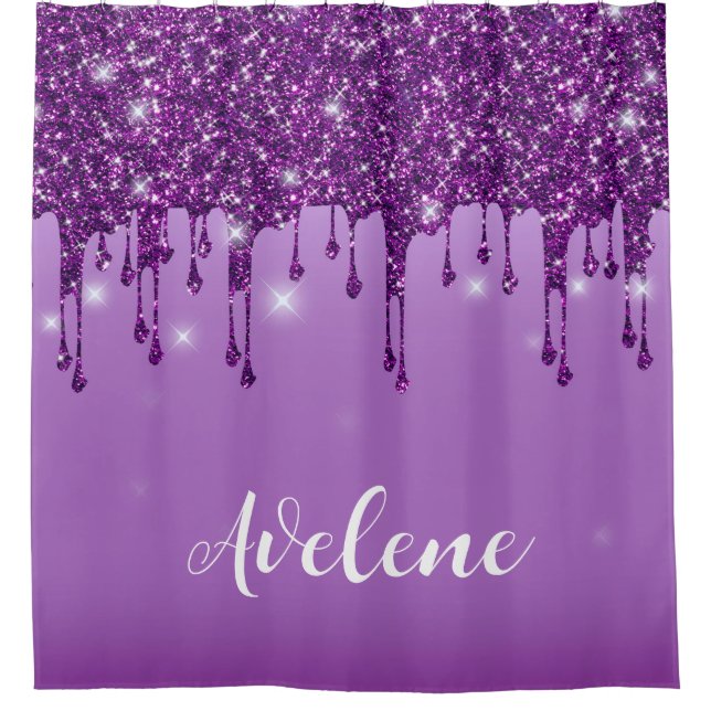 Luxury Purple Glitter Drips Monogram Shower Curtain (Front)
