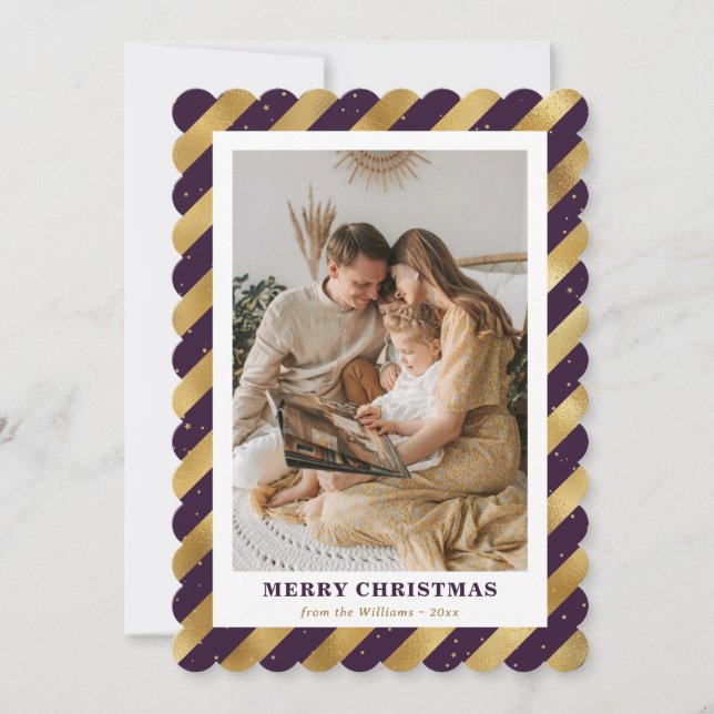 Luxury Purple Gold Elegant Photo Merry Christmas Holiday Card (Front)