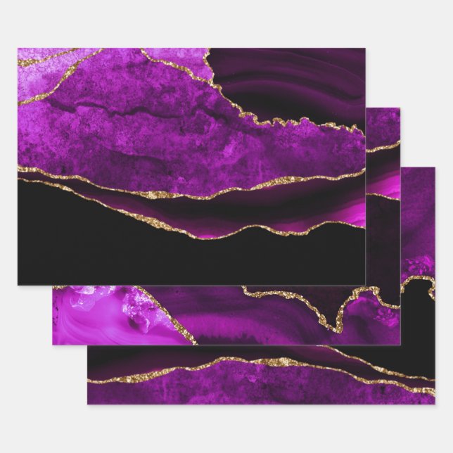 Luxury Purple Gold Glitter Agate Birthday Wrapping Paper Sheet (Set)