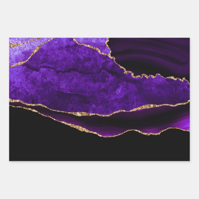 Luxury Purple Gold Glitter Agate Birthday Wrapping Paper Sheet (Front)