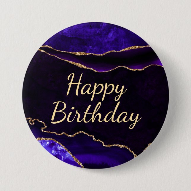 Luxury Purple Gold Glitter Agate Happy Birthday 7.5 Cm Round Badge (Front)