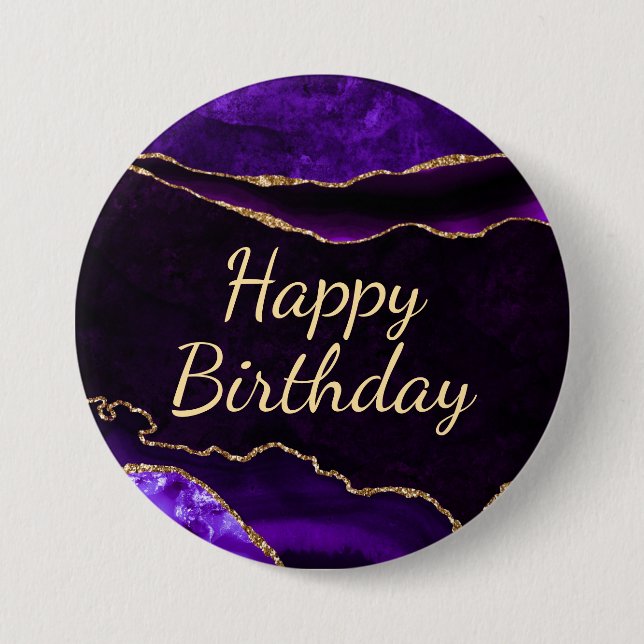 Luxury Purple Gold Glitter Agate Happy Birthday 7.5 Cm Round Badge (Front)