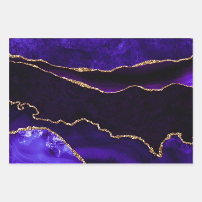 Luxury Purple Gold Glitter Agate Happy Birthday Wrapping Paper Sheet (Front)