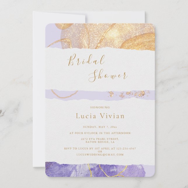 Luxury Purple & Golden Abstract Bridal Shower Invitation (Front)
