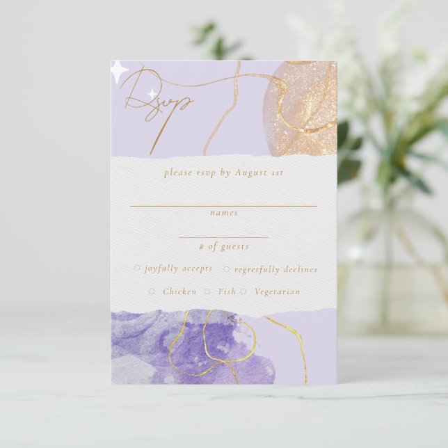 Luxury Purple & Golden Abstract RSVP Enclosure Card (Standing Front)