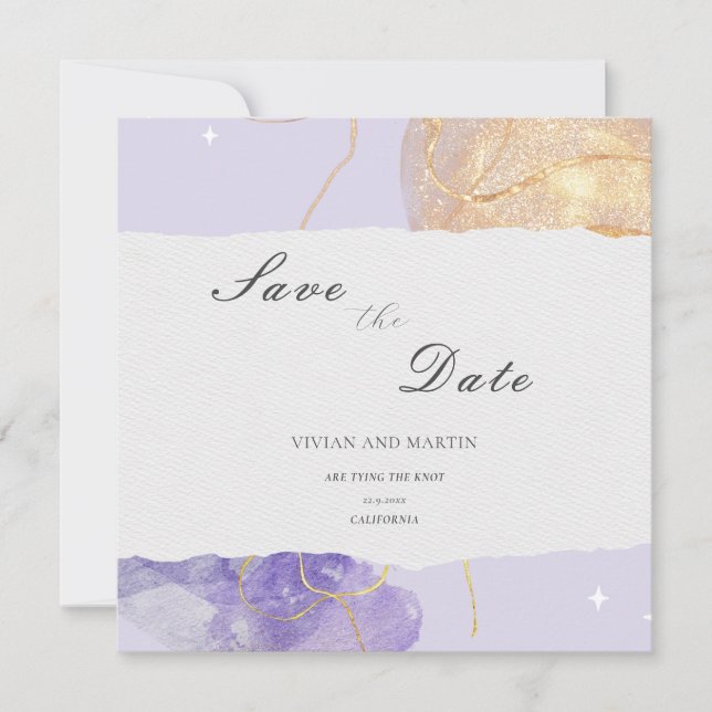 Luxury Purple & Golden Abstract  Save The Date Invitation (Front)