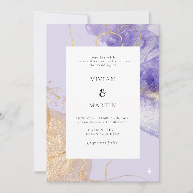 Luxury Purple & Golden Abstract Wedding Invitation (Front)