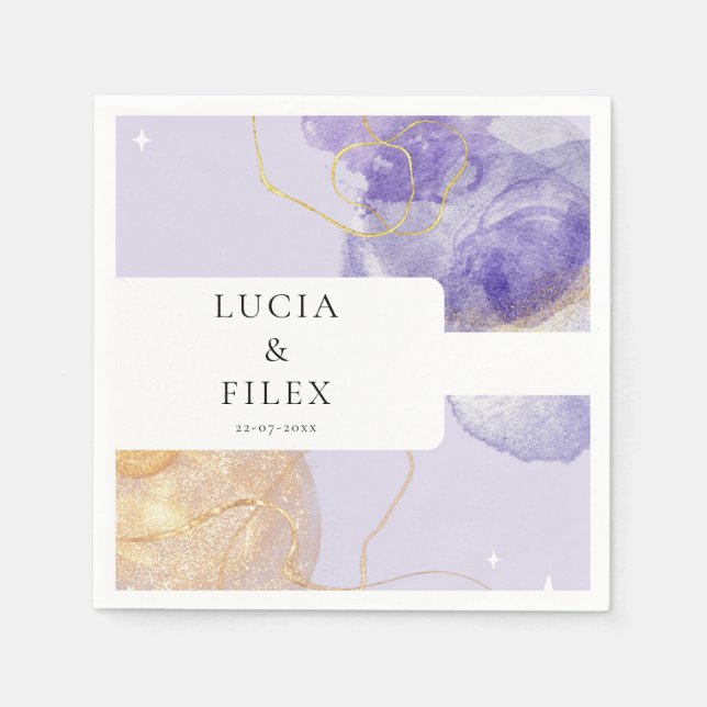 Luxury Purple & Golden Abstract Wedding Napkin (Front)