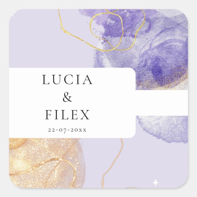 Luxury Purple & Golden Abstract Wedding Square Sticker (Front)