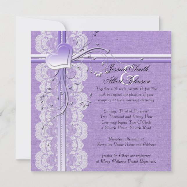 Luxury Purple Lace Heart Burlap Wedding Invitation (Front)