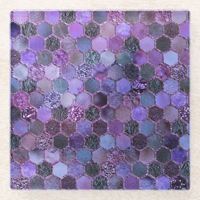 Luxury Purple Metal Foil Glitter honeycomb pattern Glass Coaster (Front)