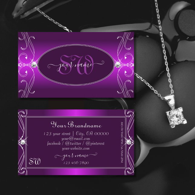 Luxury Purple Ombre Ornate Sparkle Jewels Monogram Business Card (Creator Uploaded)