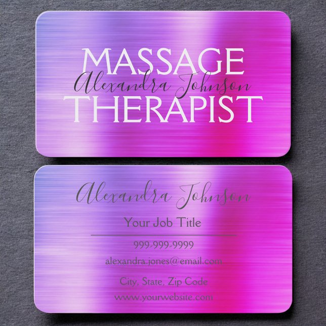 Luxury Purple Pink Brushed Metal Massage Therapy Business Card (Creator Uploaded)