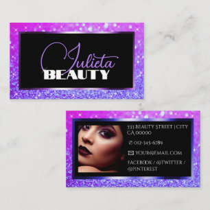 Luxury Purple Pink Sparkle Glitter Photo Template  Business Card