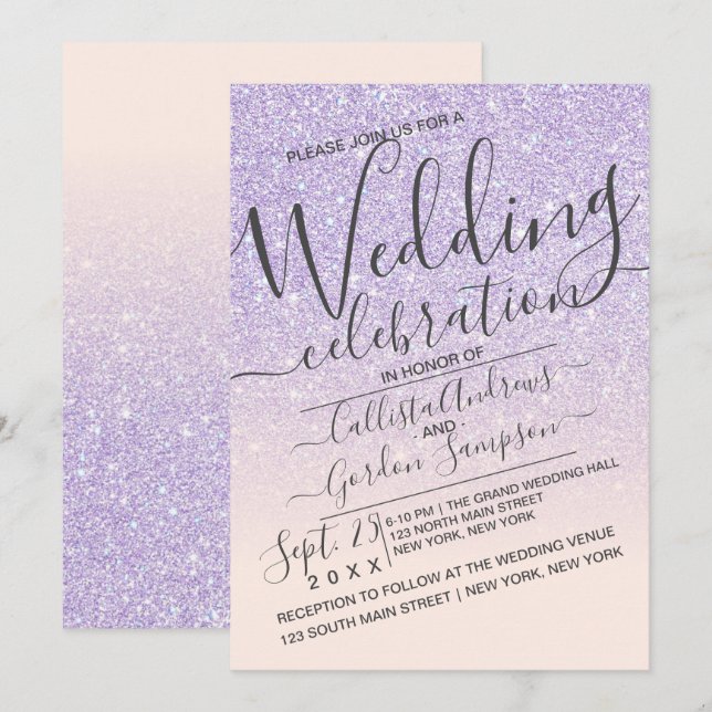 Luxury Purple Pink Sparkly Glitter Ombre Wedding Invitation (Front/Back)