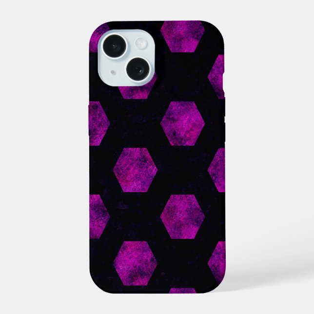 Luxury Purple Retro Black Hexagon Patterns Magic iPhone 15 Case (Back)