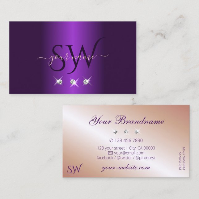 Luxury Purple Rose Gold Sparkle Diamonds Monogram Business Card (Front/Back)