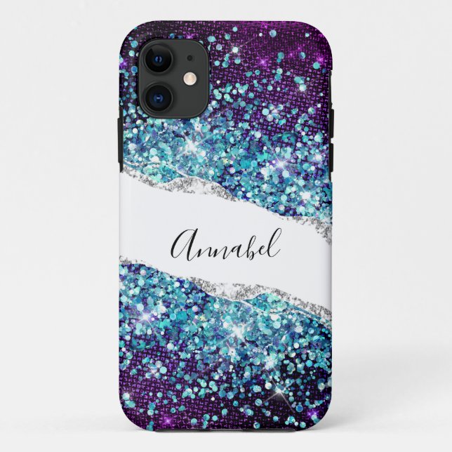 Luxury Purple Silver Agate & Blue Glitter Custom  Case-Mate iPhone Case (Back)