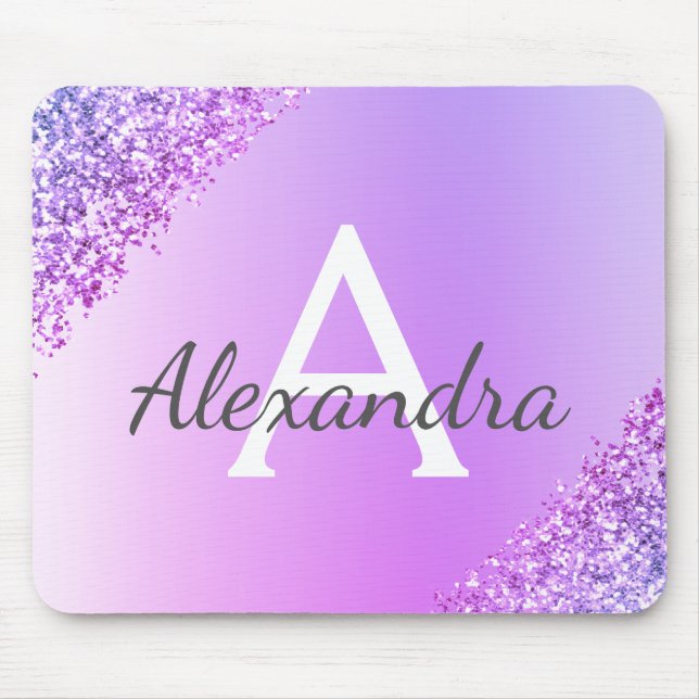 Luxury Purple Sparkle Glitter Monogram Name Mouse Mat (Front)