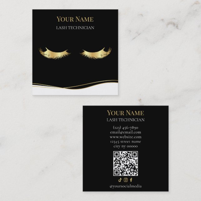 Luxury QR code Black and Gold Lash Technician Square Business Card (Front/Back)