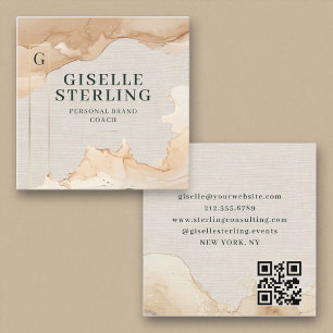 Luxury QR Code Linen Watercolor Gold Foil Square Business Card