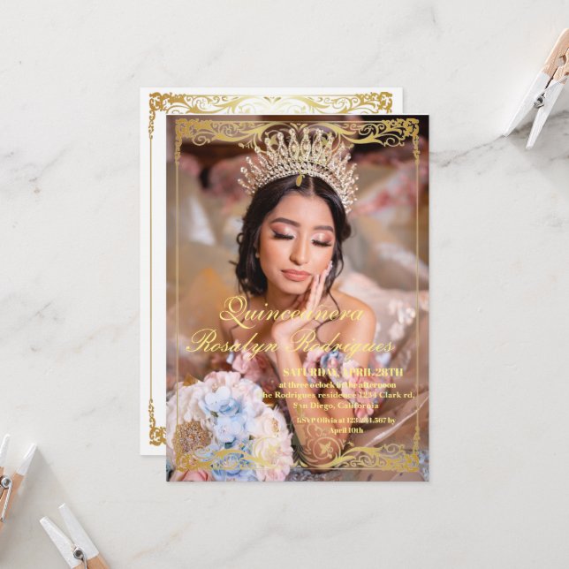 Luxury Quinceanera Gold White Photo Invitation (Front/Back In Situ)