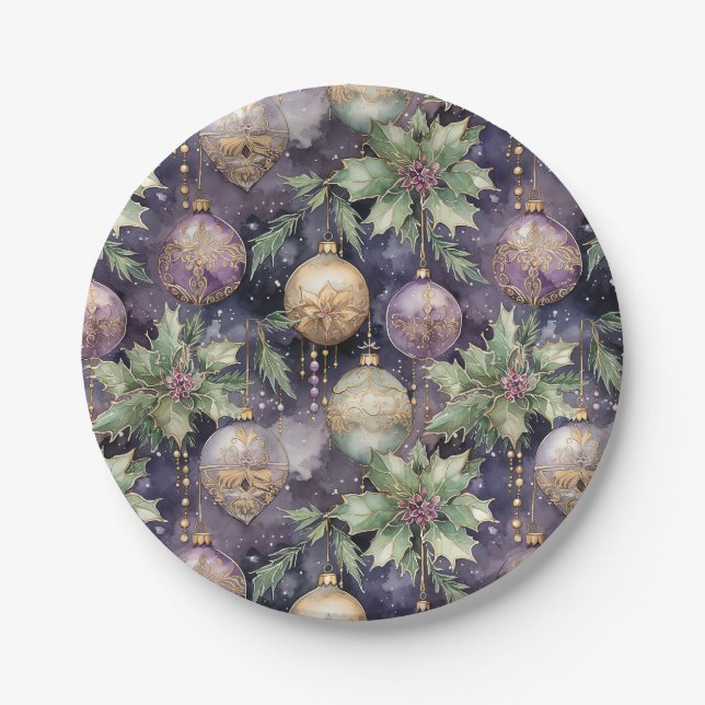 Luxury Radiance: Purple and Gold Christmas Splendo Paper Plate (Front)