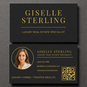 Luxury Real Estate Agent Black and Gold QR Code Business Card