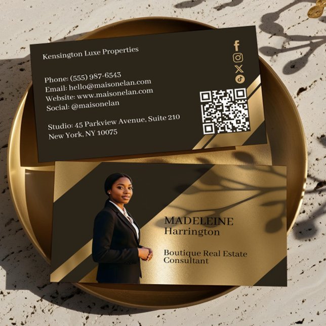 Luxury Real Estate Agent Brown & Gold Luxe Photo Business Card (Luxury Real Estate Agent Black & Gold Black Luxe Business Card)