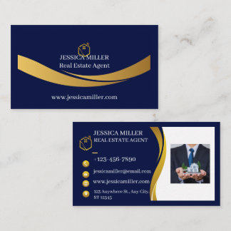 Luxury Real Estate Agent Corporate Photo Blue Gold Business Card